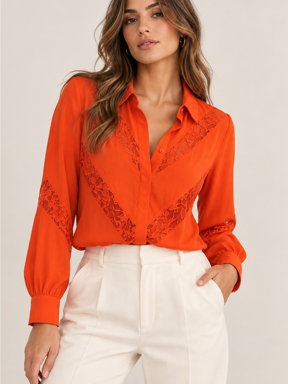 Maje Paris 100% Silk Lace Inset Blouse Orange Red Size 2